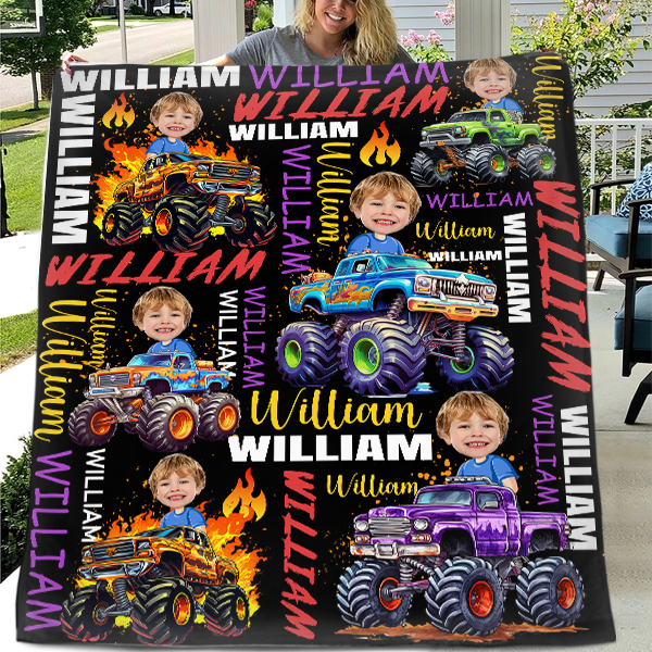Personalized Custom Blankets for Boys Driving Trucks - Custom Name Blankets - Gifts for Kids