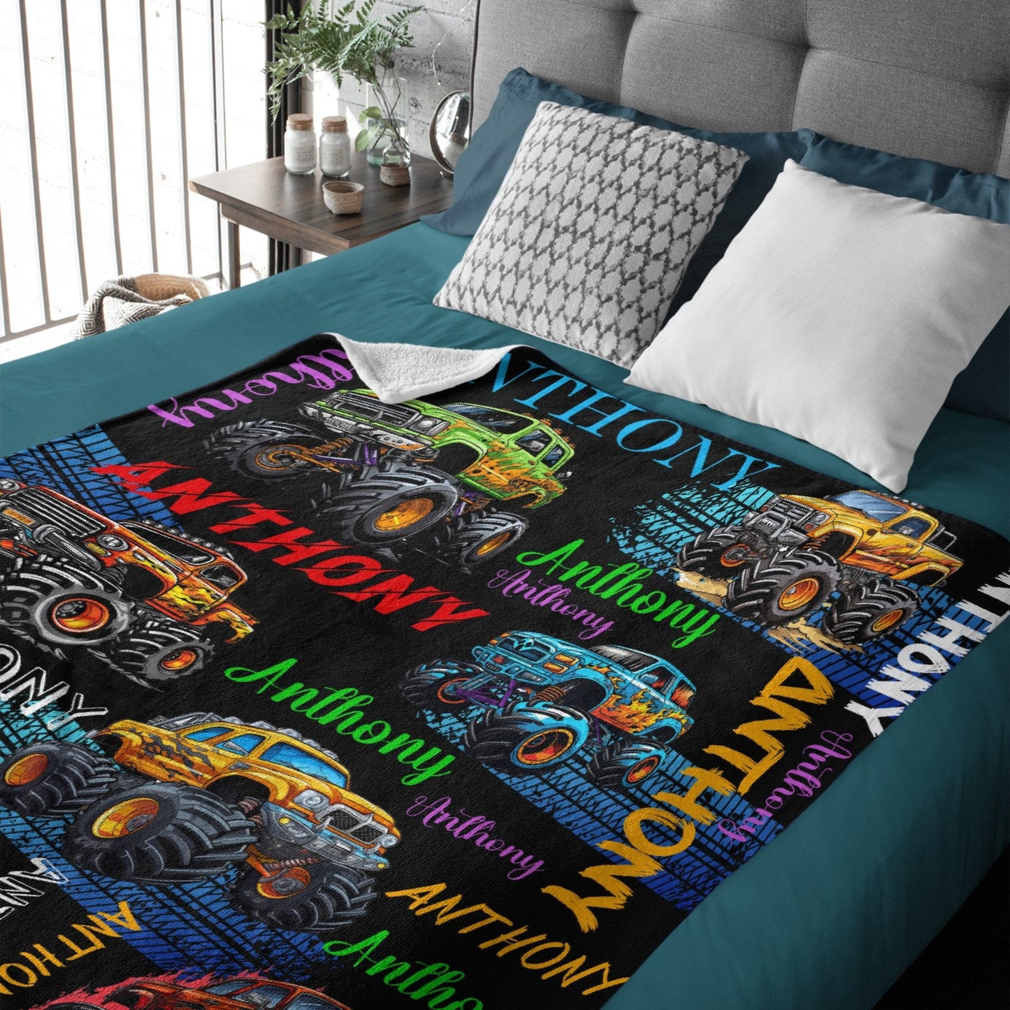 Monster Truck - Personalised Name Multi Colour Truck Pattern Blanket - A Gift For Child