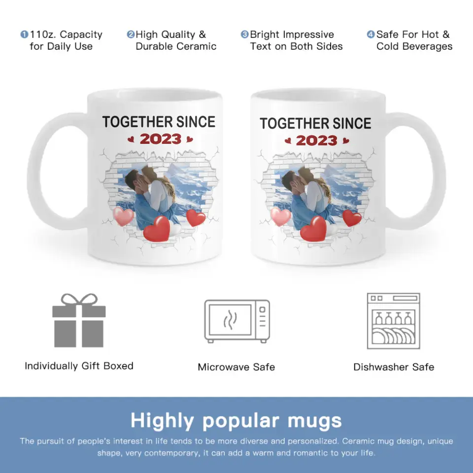 Couple Spouse Custom Photo Personalized White Mug - Together Since Stone Heart