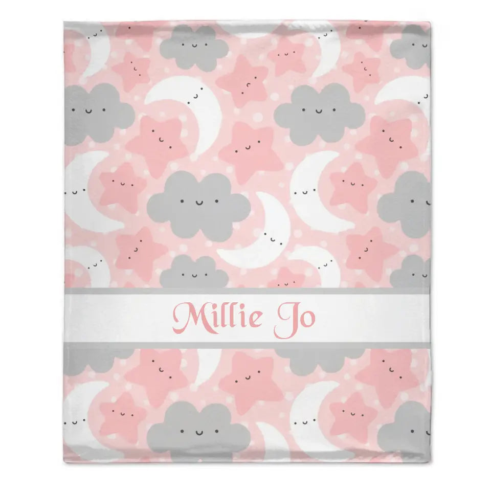 Personalized Pink Blue Moon Stars Clouds Baby Blanket