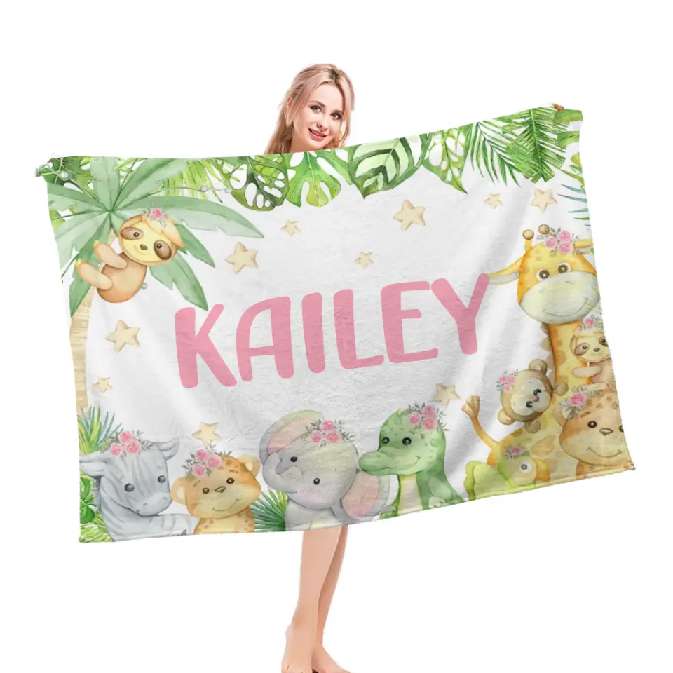 Personalized Custom Baby Name Blanket Gift, Jungle Nursery Decor, Toddler Birthday Gift, Monkey Elephant Giraffe Blanket