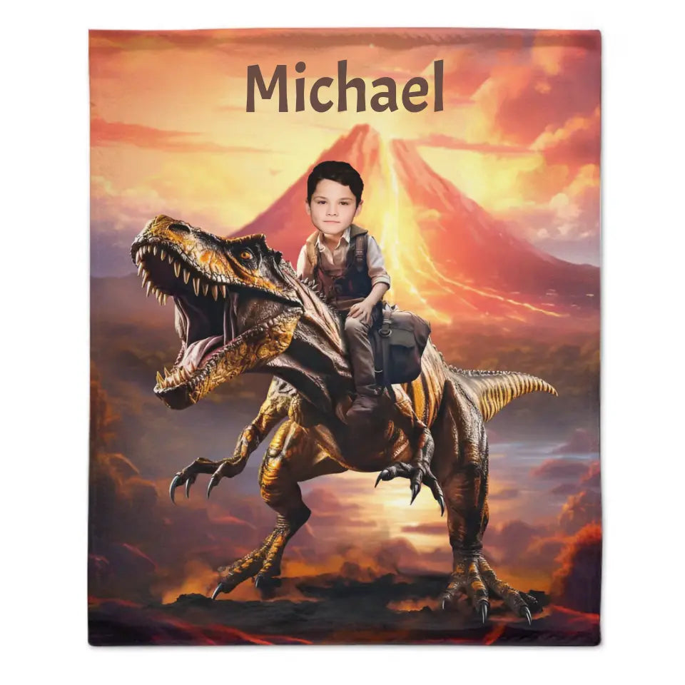 Personalized Custom Dinosaur Blanket For Kids, Child Riding T-Rex Dinosaur, Dinosaur Photo Gifts For Him Son Boyfriend