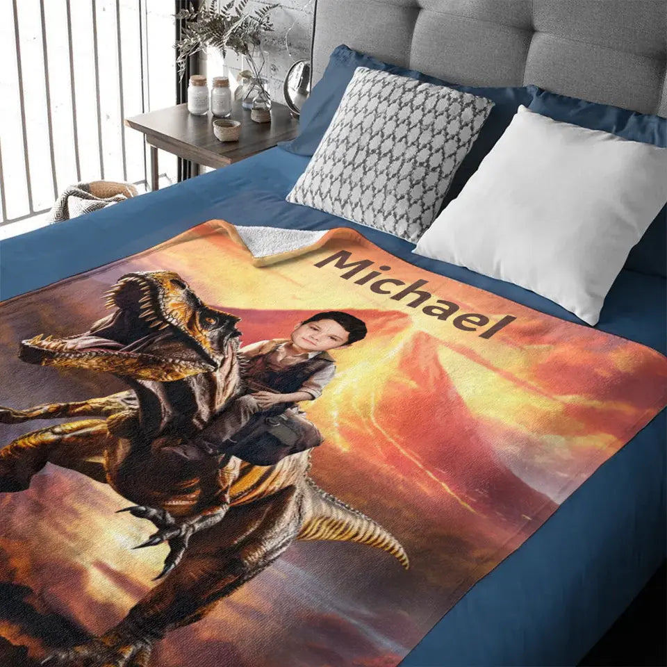 Personalized Custom Dinosaur Blanket For Kids, Child Riding T-Rex Dinosaur, Dinosaur Photo Gifts For Him Son Boyfriend
