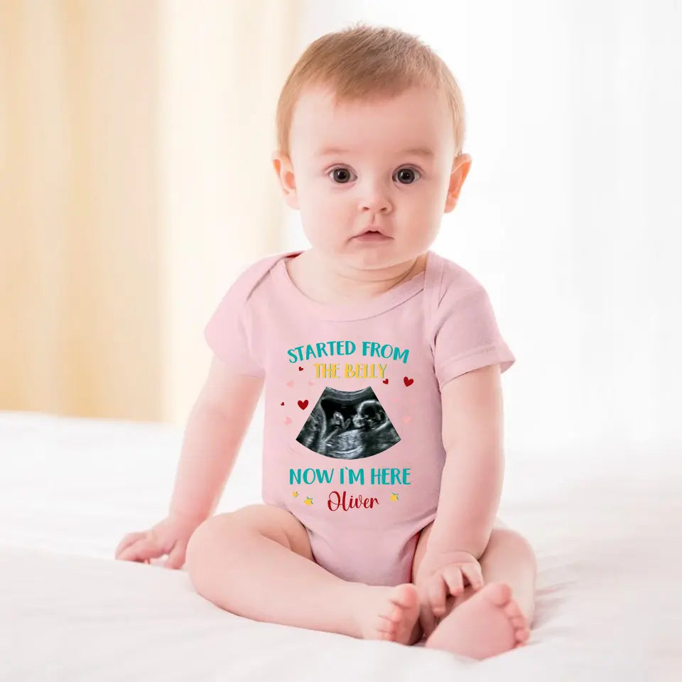 Custom Photo Started from the belly, now I'm here - Family Personalized Custom Baby Onesie - Mother's Day, Baby Shower Gift, Gift For First Mom