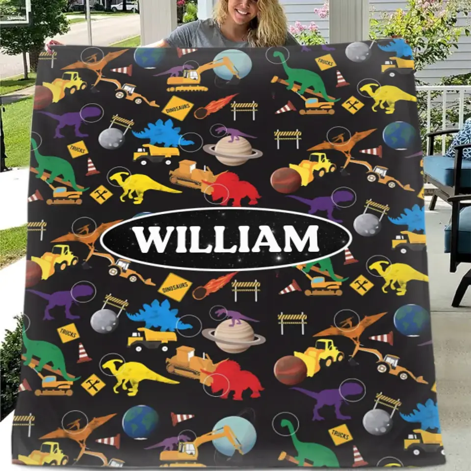 Construction Trucks Planet Dinosaurs in Space Blanket