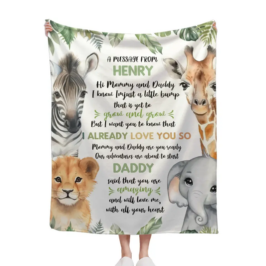 Personalized Zebra Lion Baby Elephant Deer On The Left And Right Sides Woodland Blanket- Mommy And Daddy