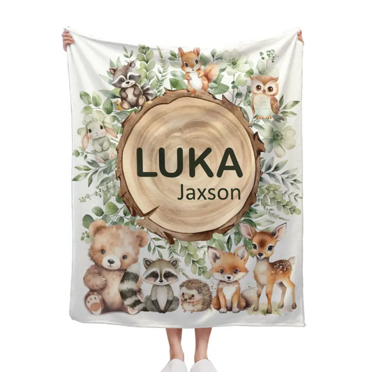 Woodland Stump Announcement Small Animal Friends Baby Name Blanket - Forest Animals Bear Fox Raccoon Deer