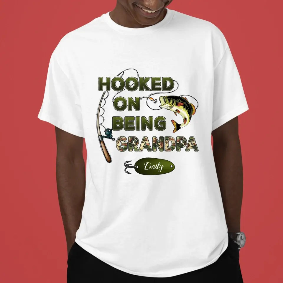 Hooked On Being Grandpa Fishing Camouflage Personalized Shirt - Father's Day, Gift For Dad, Grandpa, Husband