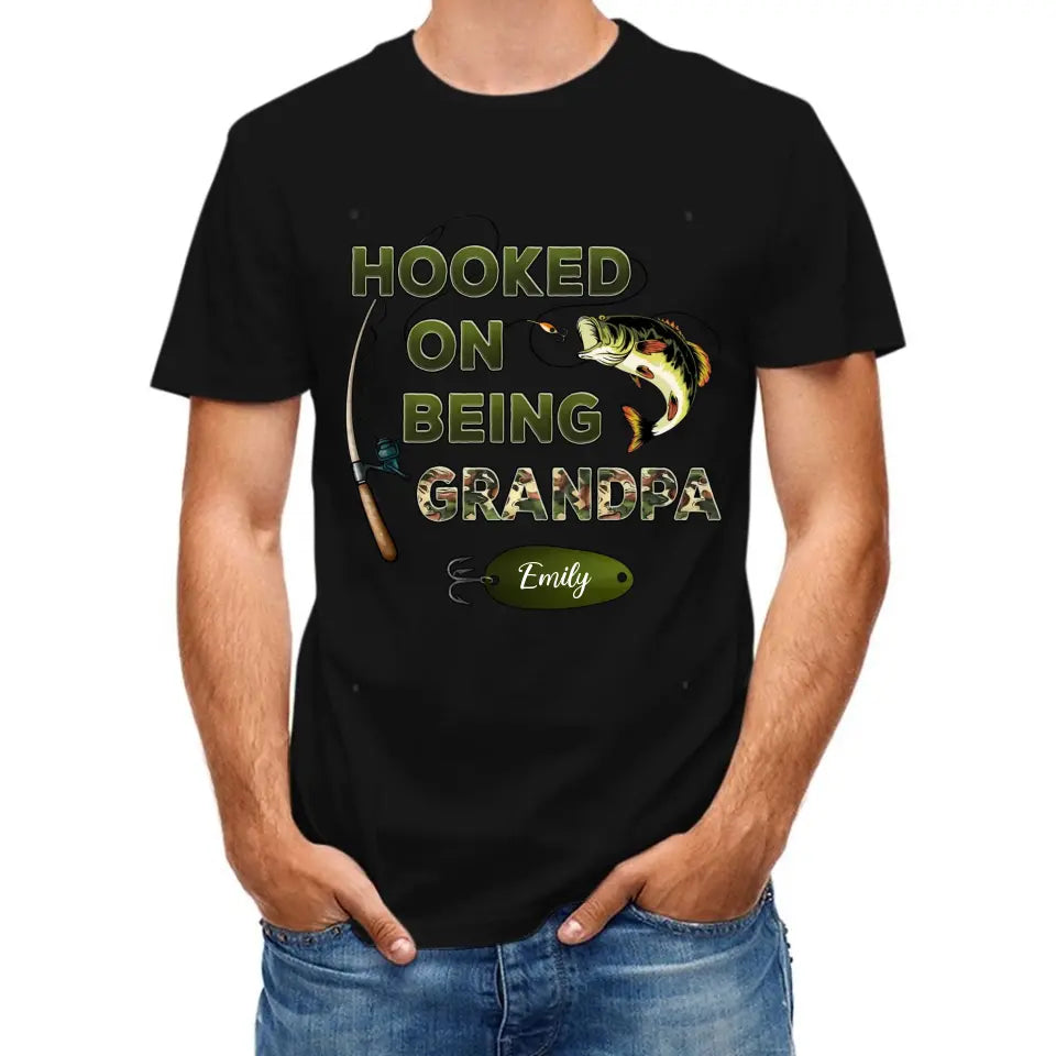 Hooked On Being Grandpa Fishing Camouflage Personalized Shirt - Father's Day, Gift For Dad, Grandpa, Husband