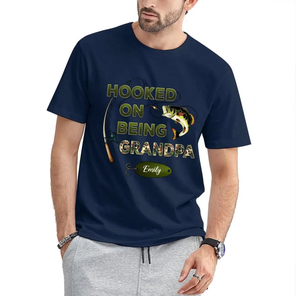 Hooked On Being Grandpa Fishing Camouflage Personalized Shirt - Father's Day, Gift For Dad, Grandpa, Husband
