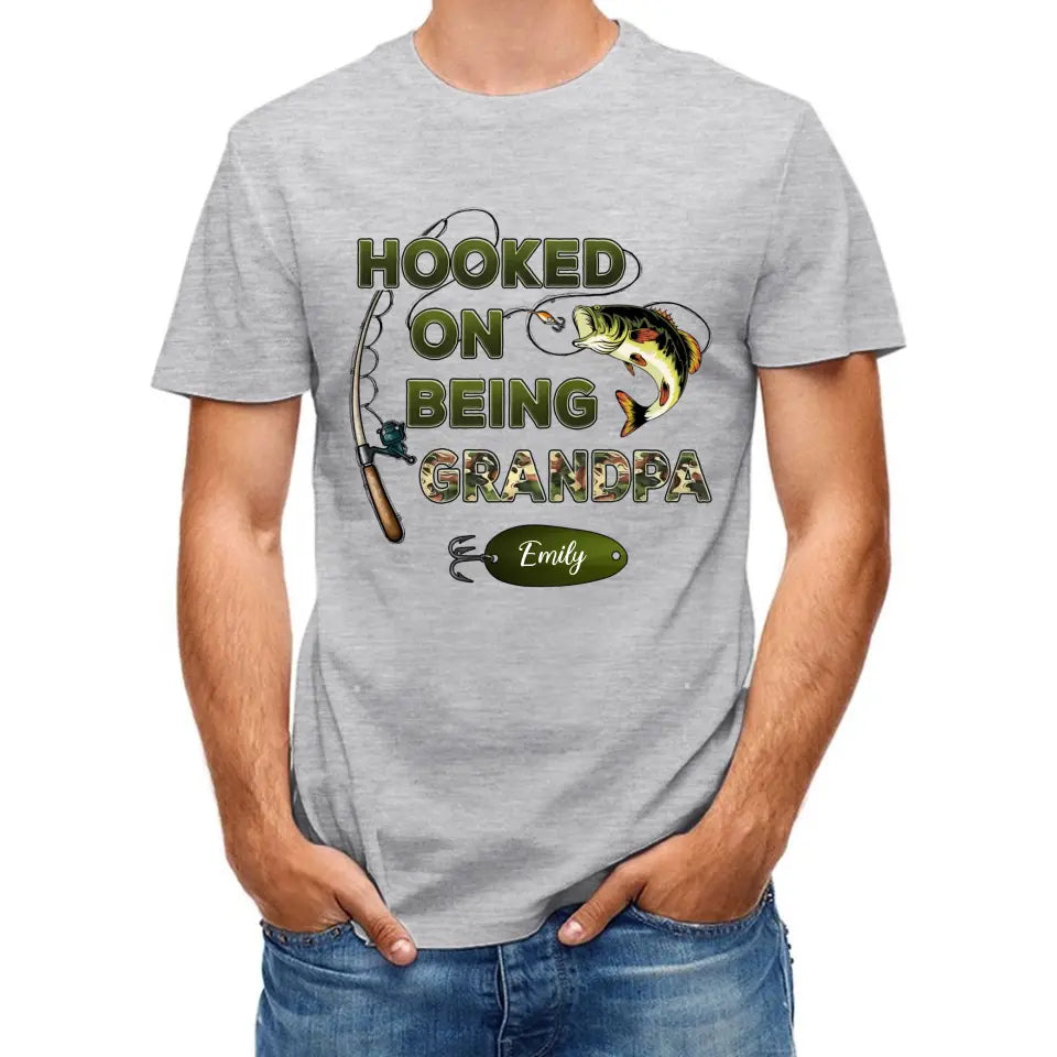Hooked On Being Grandpa Fishing Camouflage Personalized Shirt - Father's Day, Gift For Dad, Grandpa, Husband
