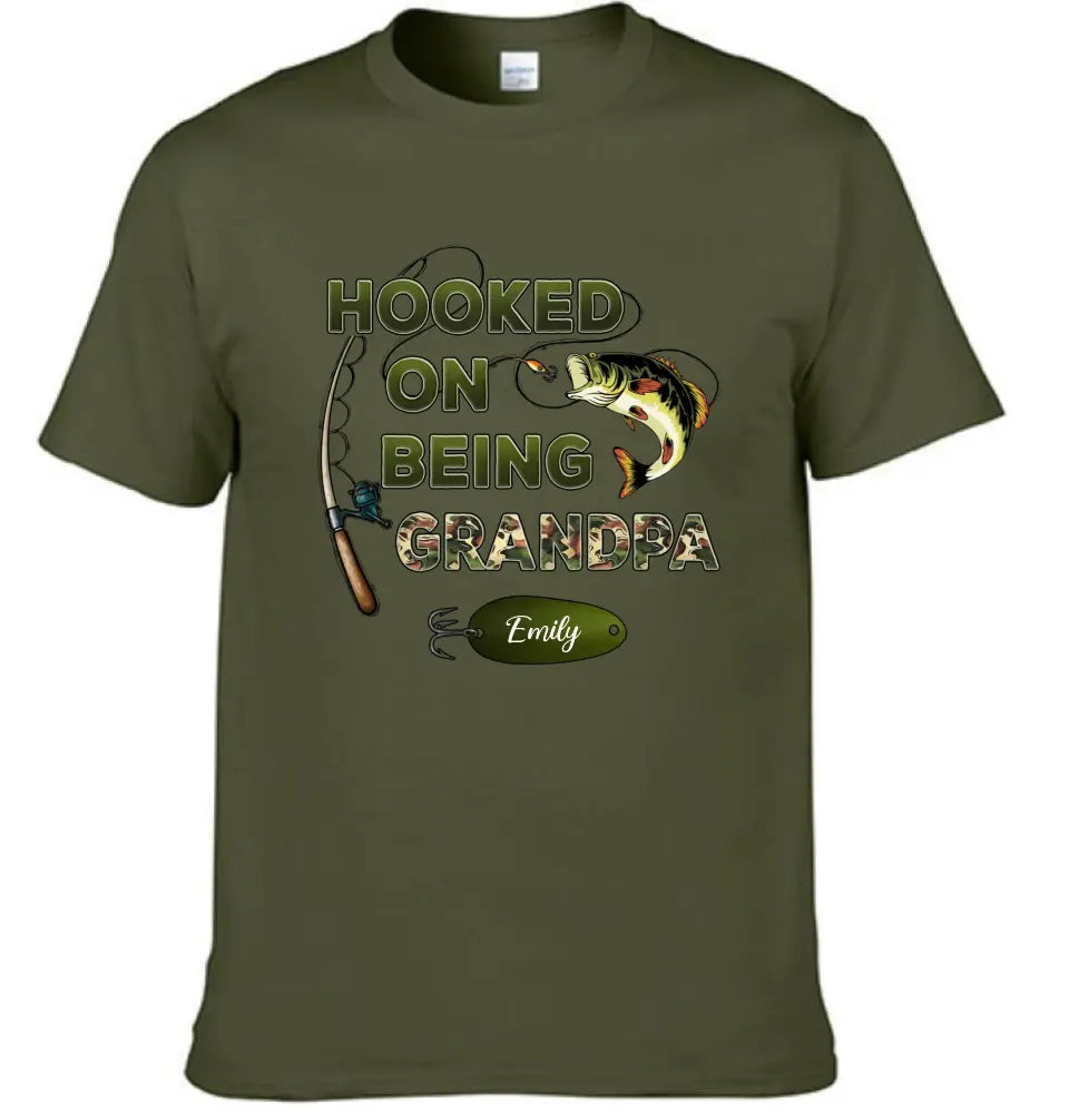 Hooked On Being Grandpa Fishing Camouflage Personalized Shirt - Father's Day, Gift For Dad, Grandpa, Husband