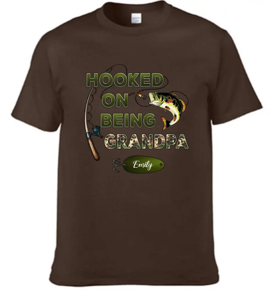 Hooked On Being Grandpa Fishing Camouflage Personalized Shirt - Father's Day, Gift For Dad, Grandpa, Husband