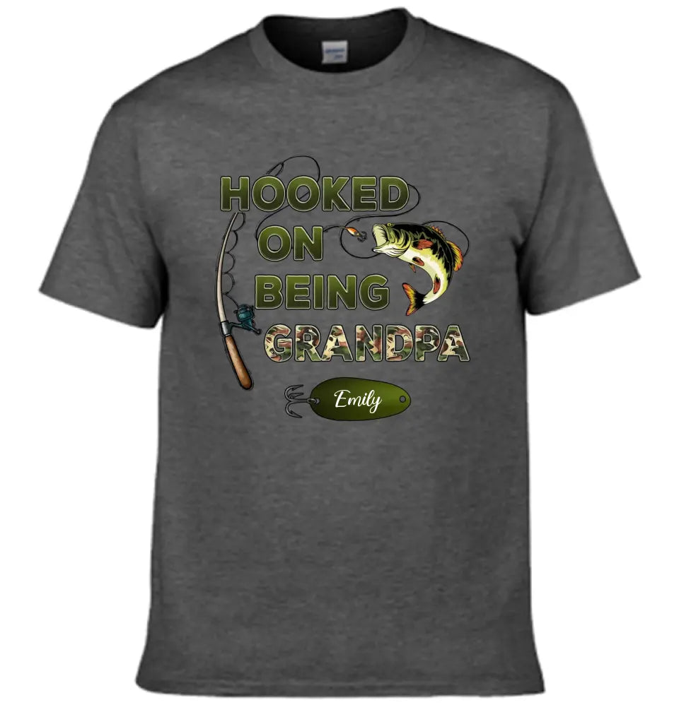 Hooked On Being Grandpa Fishing Camouflage Personalized Shirt - Father's Day, Gift For Dad, Grandpa, Husband