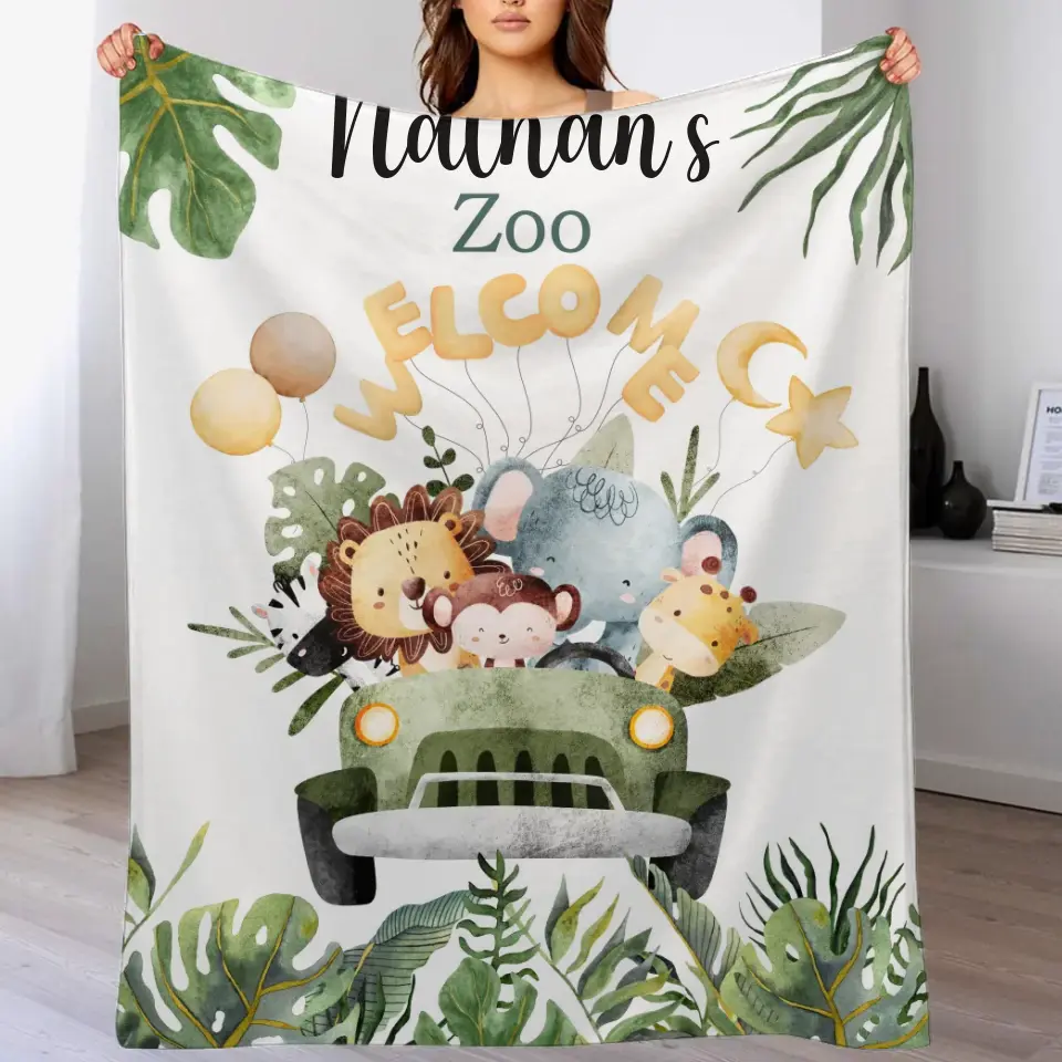 Personalized Watercolor Safari Animals Welcoming with Truck Blanket