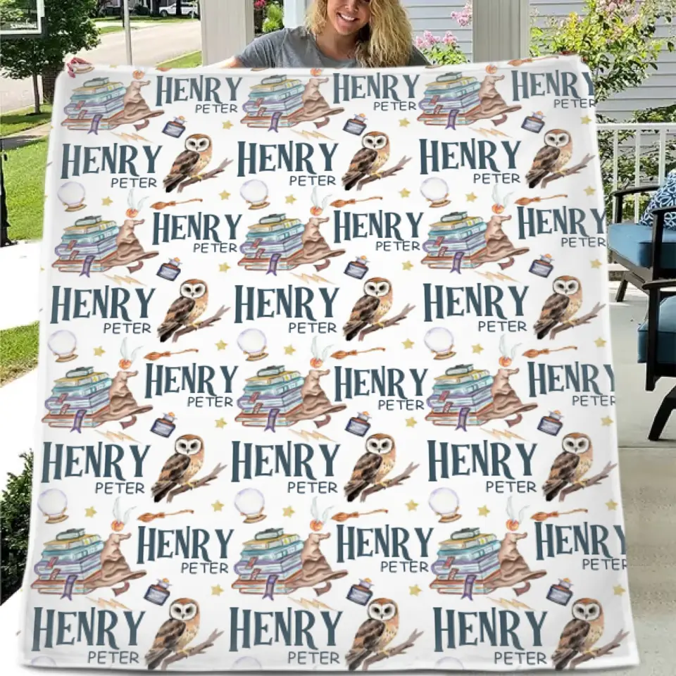 Personalized Wizard Owl Magic Book Custom Baby Name Blanket