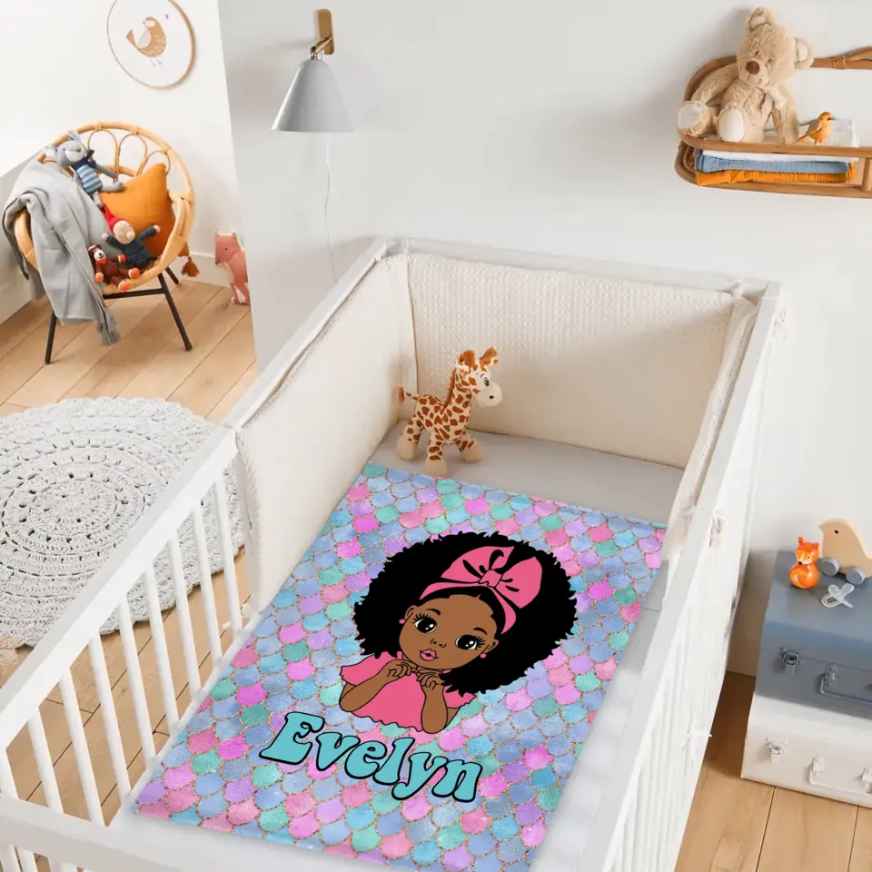 Customized Name Mermaid Pattern Black Baby Girl Blanket African Girl Birthday Gift Anniversary Gift