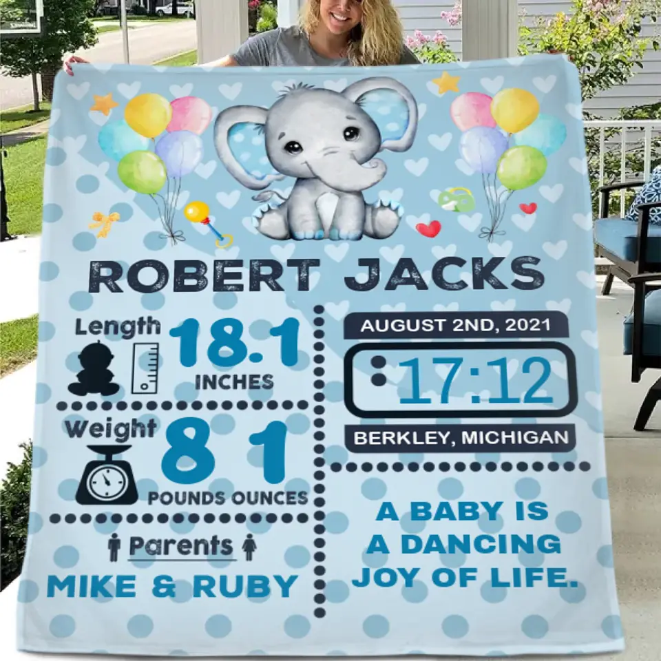 Personalized Baby Birth Stats Elephant Blanket for Boys Girls
