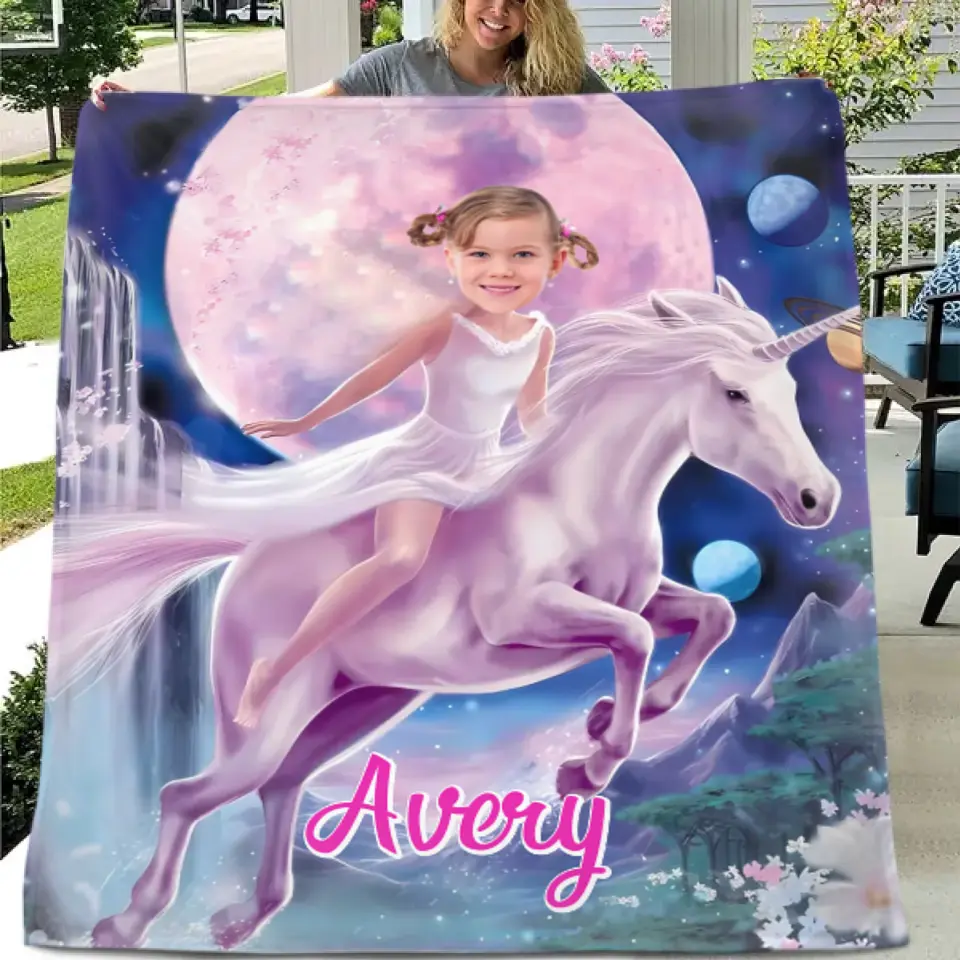 Personalized Pink Dress Princess Ride Unicorn Blanket