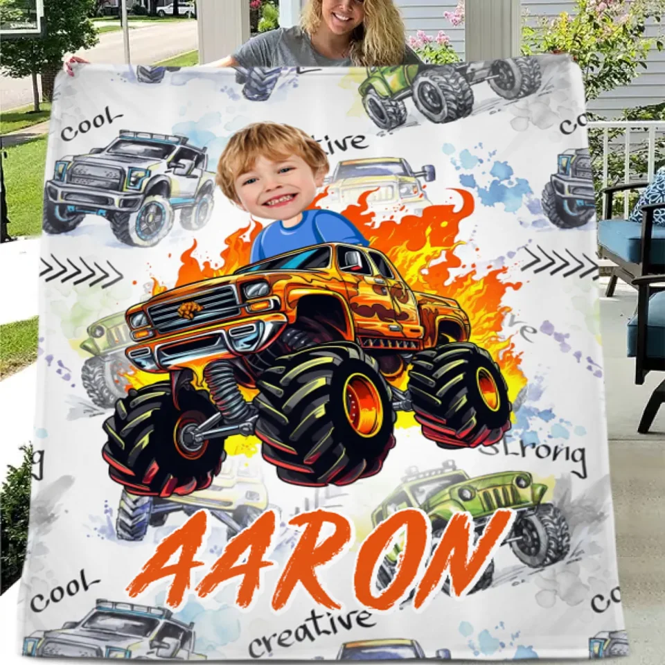 Flame Truck - Customized Name Face Kids Blanket - Gift for Kids