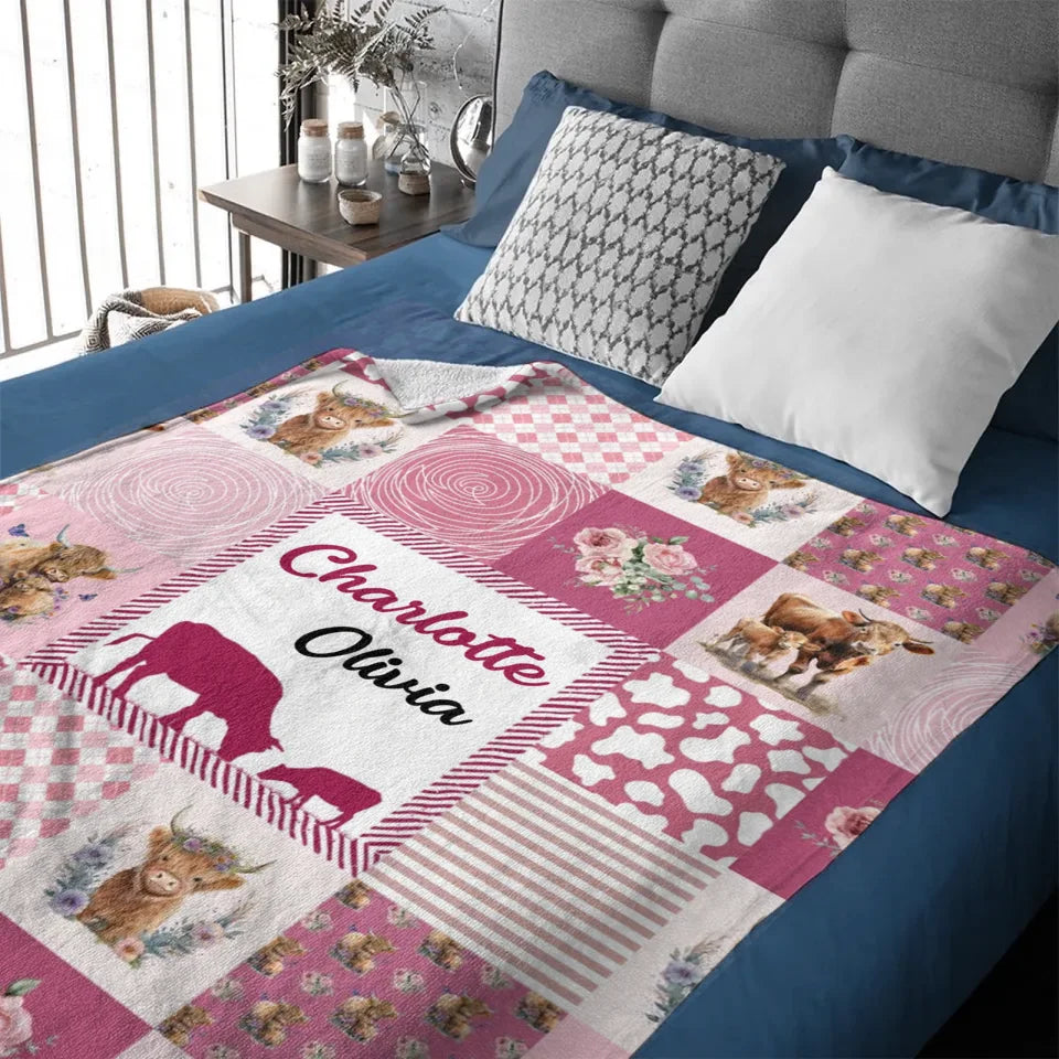 Highland Cow - Personalised Name Pinkish Purple Blanket - A Gift For Child