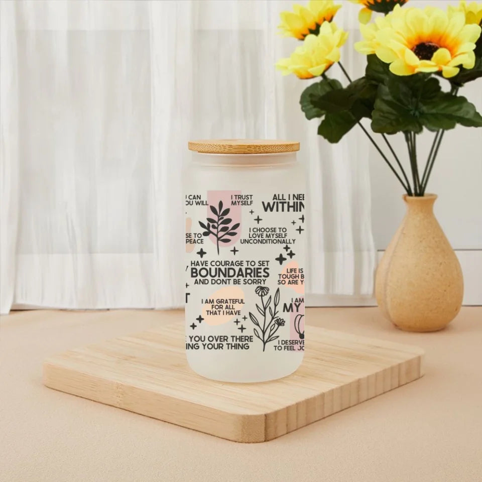 Custom Floral Pattern Daily Reminders Glass - Personalized Name Psychological Health Glasses - A Gift For Friend,Family