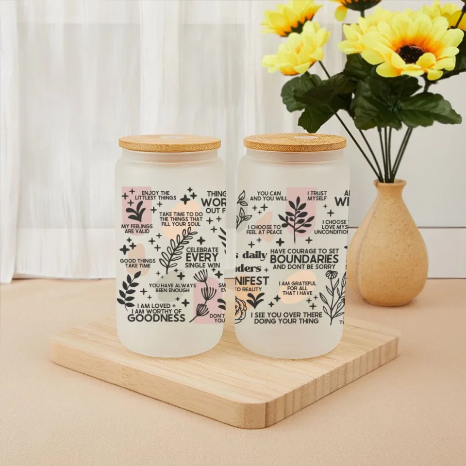 Custom Floral Pattern Daily Reminders Glass - Personalized Name Psychological Health Glasses - A Gift For Friend,Family