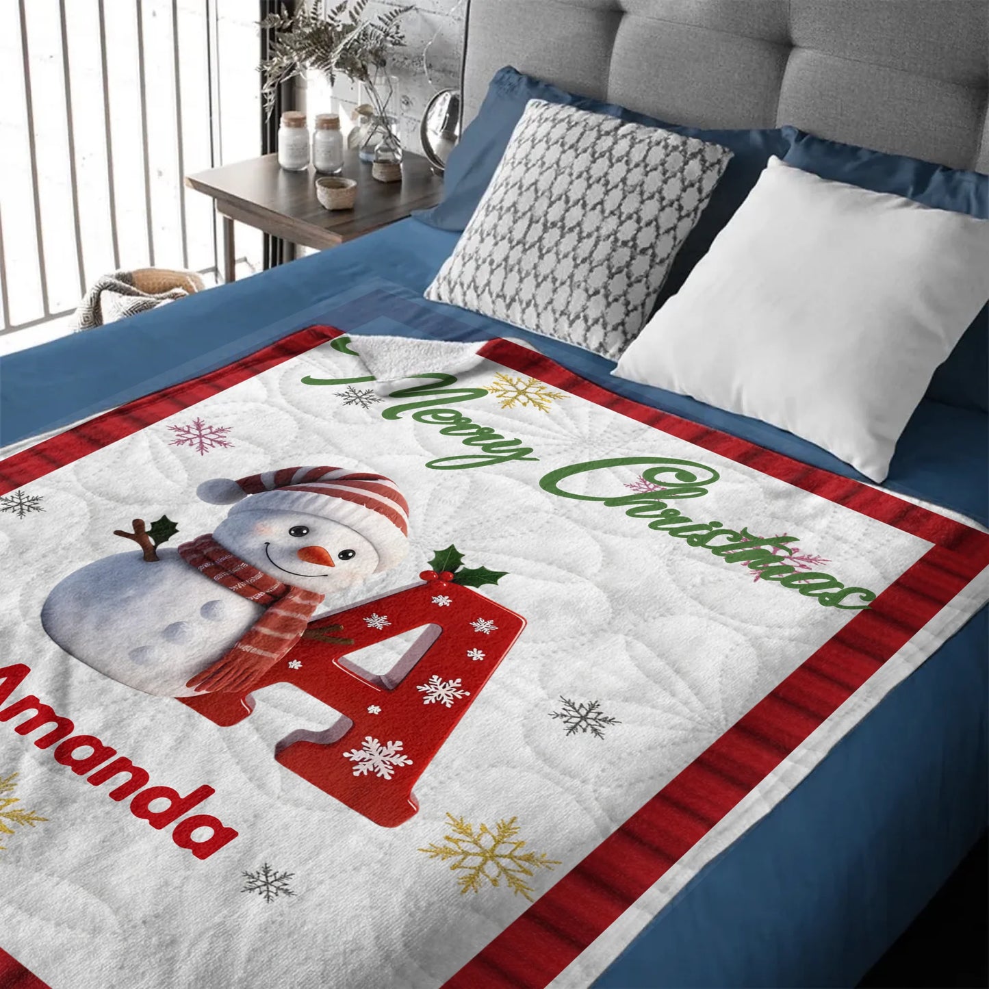 ⛄️Custom Christmas Blanket - Personalized Snowman Initial and Name - Christmas Gift