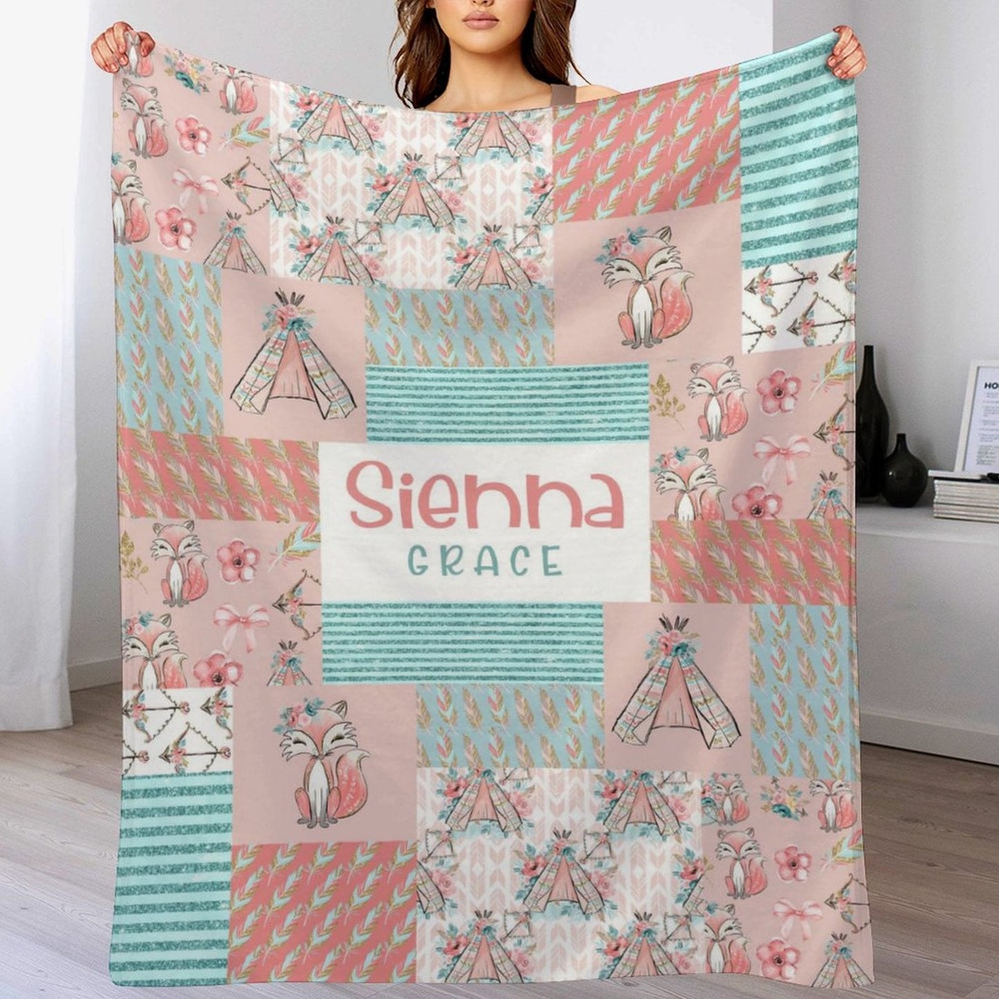️Personalized Flower Crown Fox Girls Boho Baby Blanket