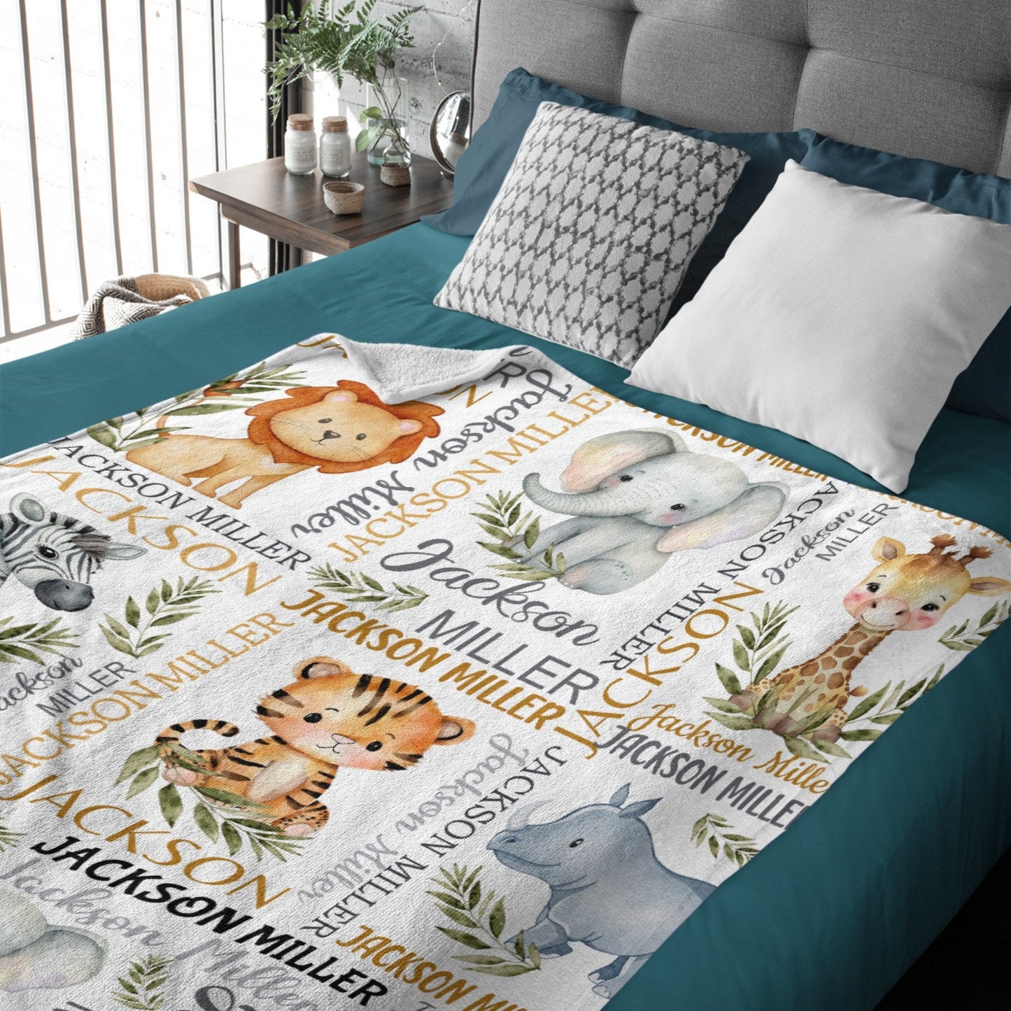 ️Watercolor Safari Animal Personalized Name Baby Blanket