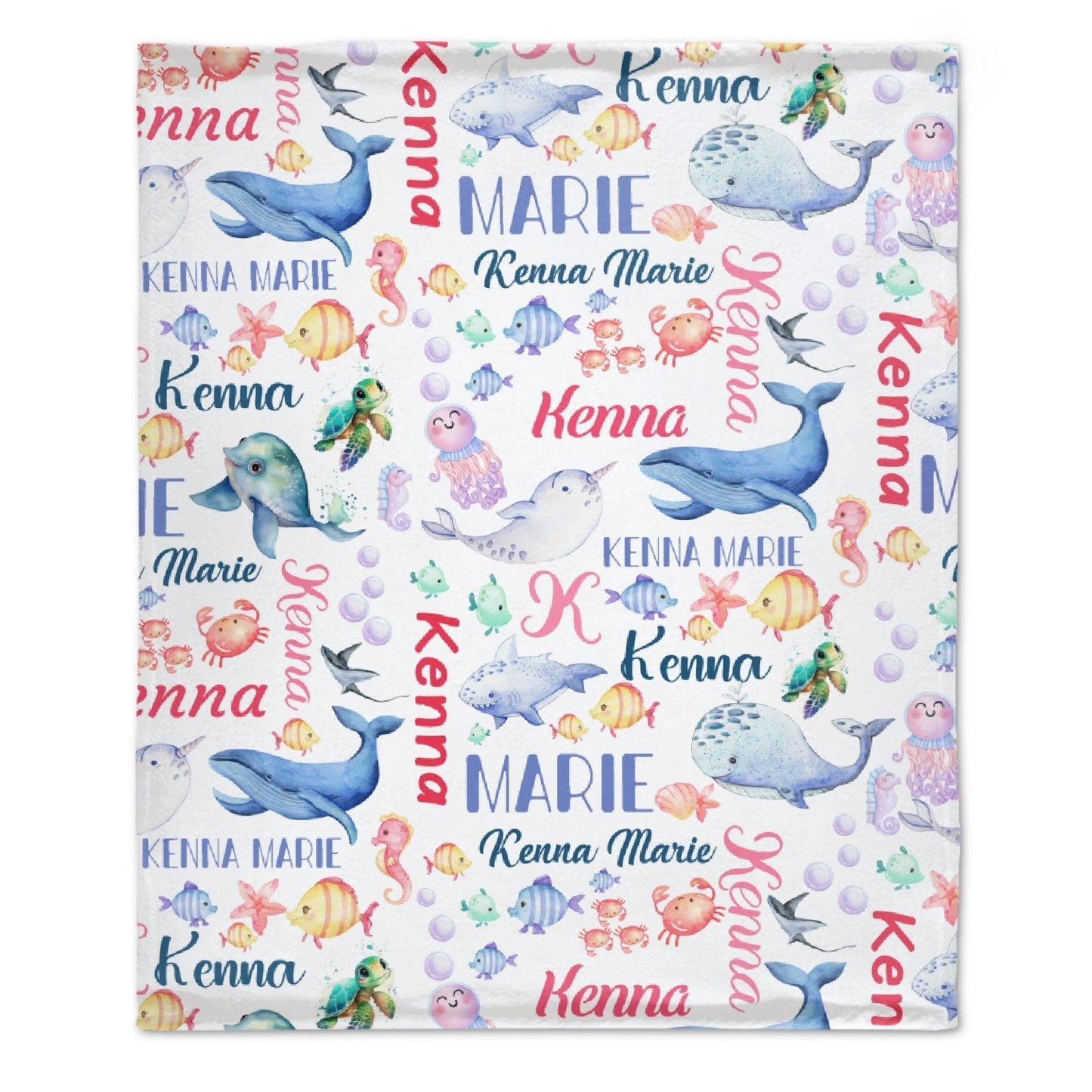 ️Personalized Whale Sea Animals Custom Name Baby Blanket