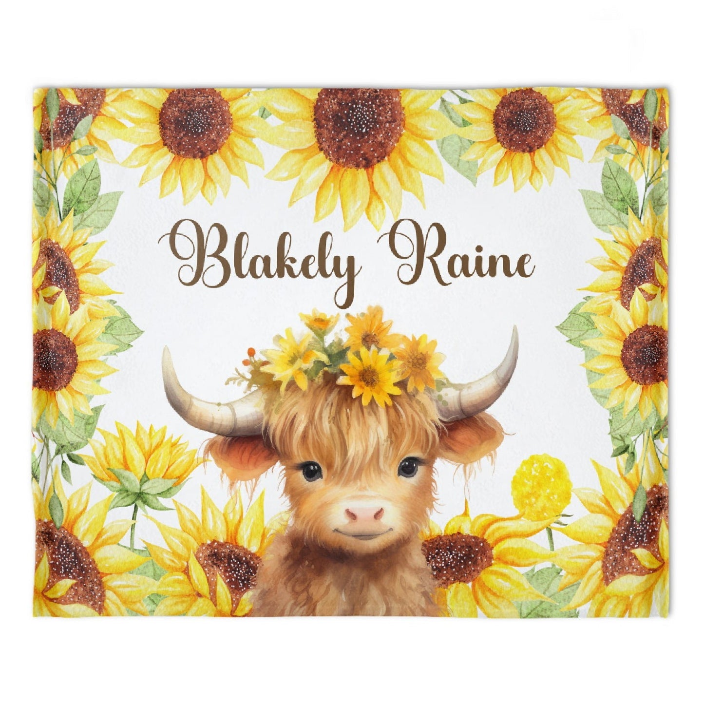️Highland Cow Fall Floral Personalized Baby Girl Name Blanket
