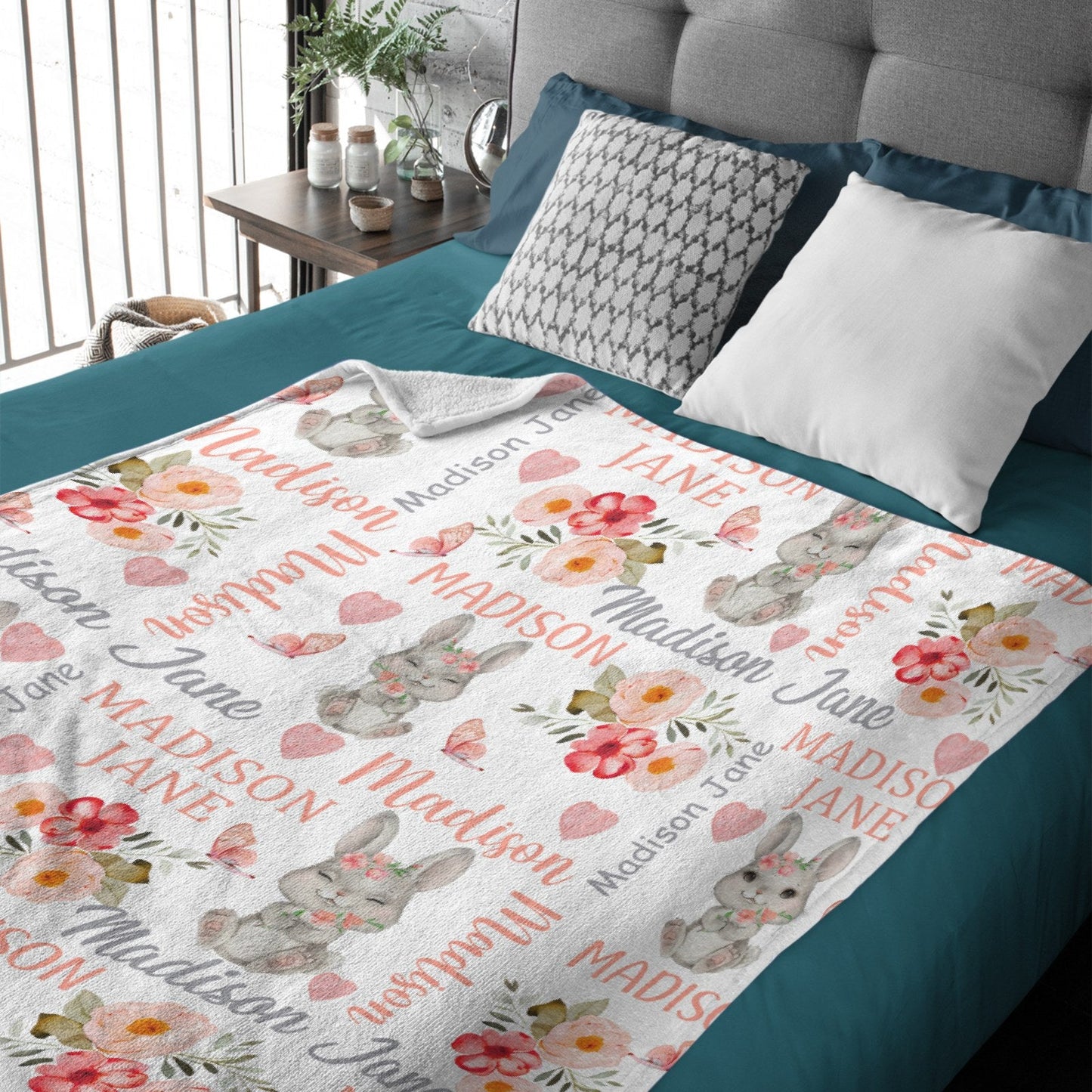 ️Personalized Baby Girl Blanket Coral Floral Bunny Baby Blanket
