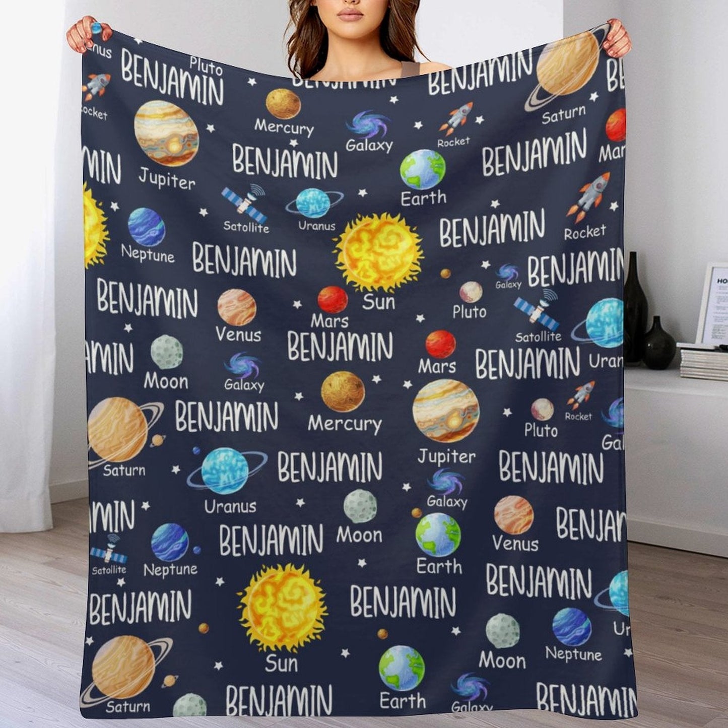 ️Space Planets Theme Custom Name Baby Blanket