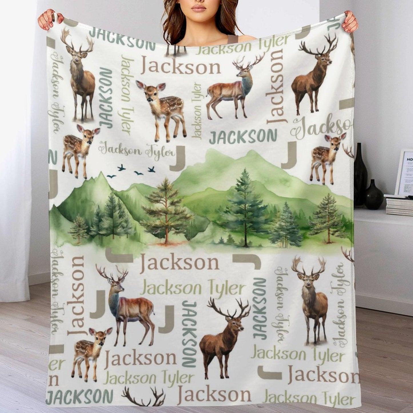 ️Personalized Woodland Deer Name Pattern Baby Blanket