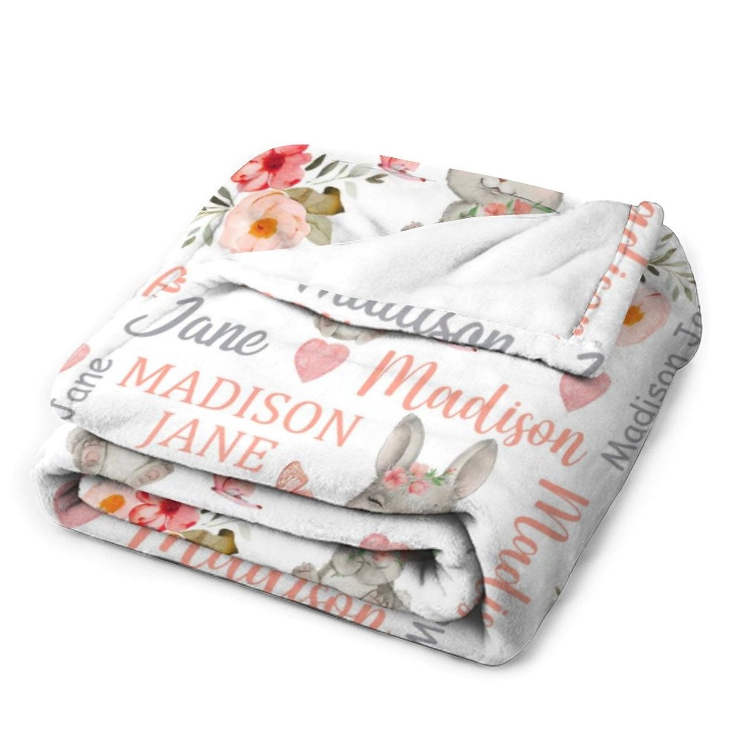 ️Personalized Baby Girl Blanket Coral Floral Bunny Baby Blanket