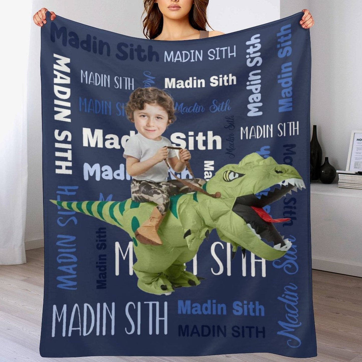 Custom Name Swaddle For Kids, Grandkids - Personalized Dinosaur Photo Blanket