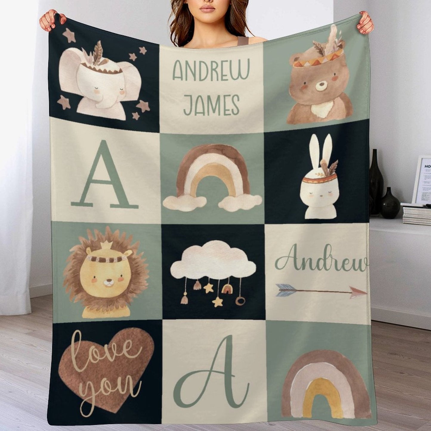 ️Boho Custom Name Animal Rainbow And Star Baby Boy Name Blanket - Baby Boy Elephant Nursery Gift