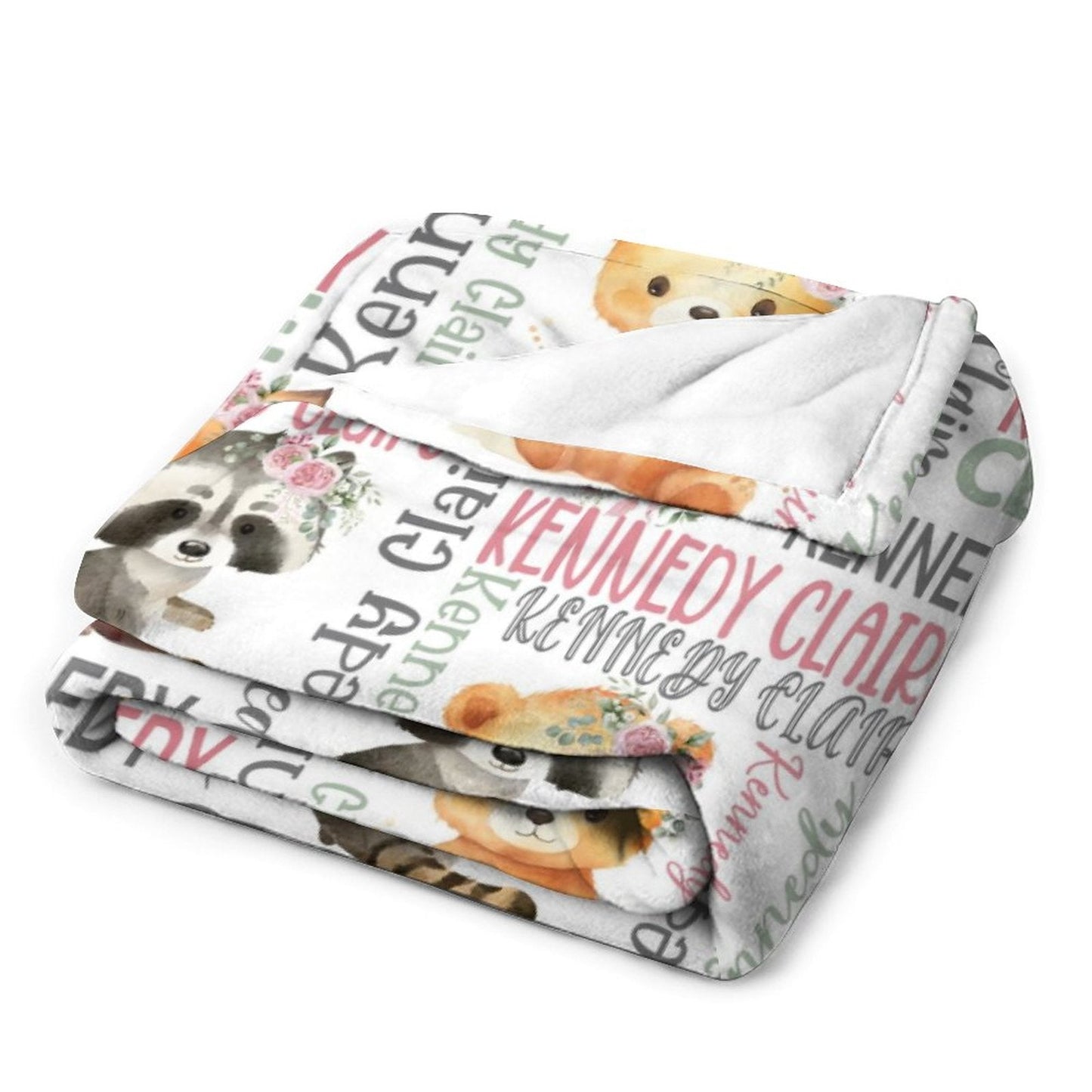 ️Personalized Girl Pink Floral Woodland Animals Baby Name Blanket