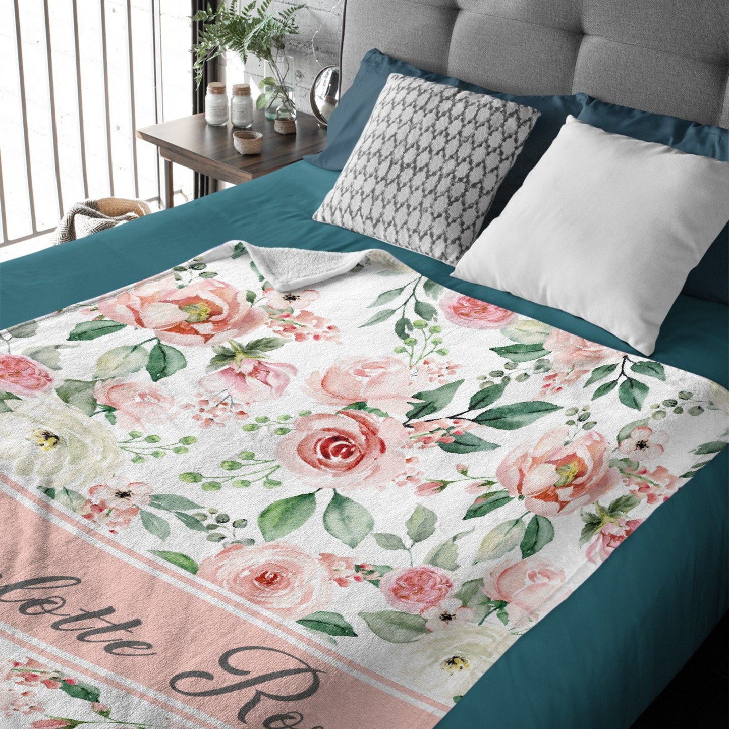 ️Personalized Pink Floral Rose Custom Name Baby Blanket