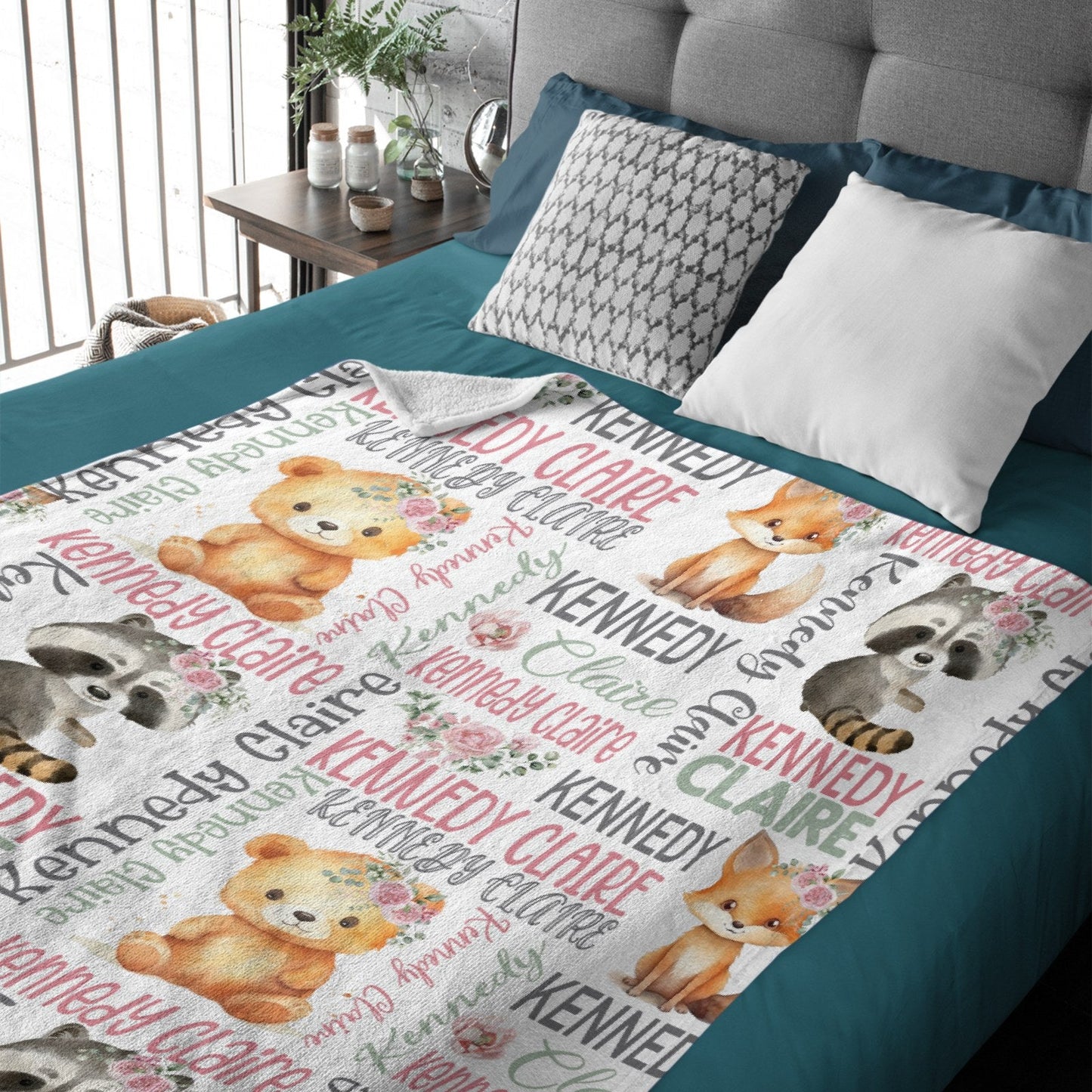 ️Personalized Girl Pink Floral Woodland Animals Baby Name Blanket