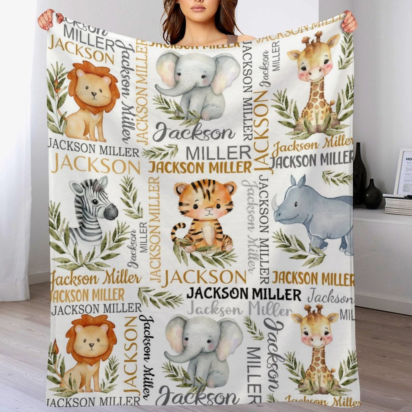 ️Watercolor Safari Animal Personalized Name Baby Blanket