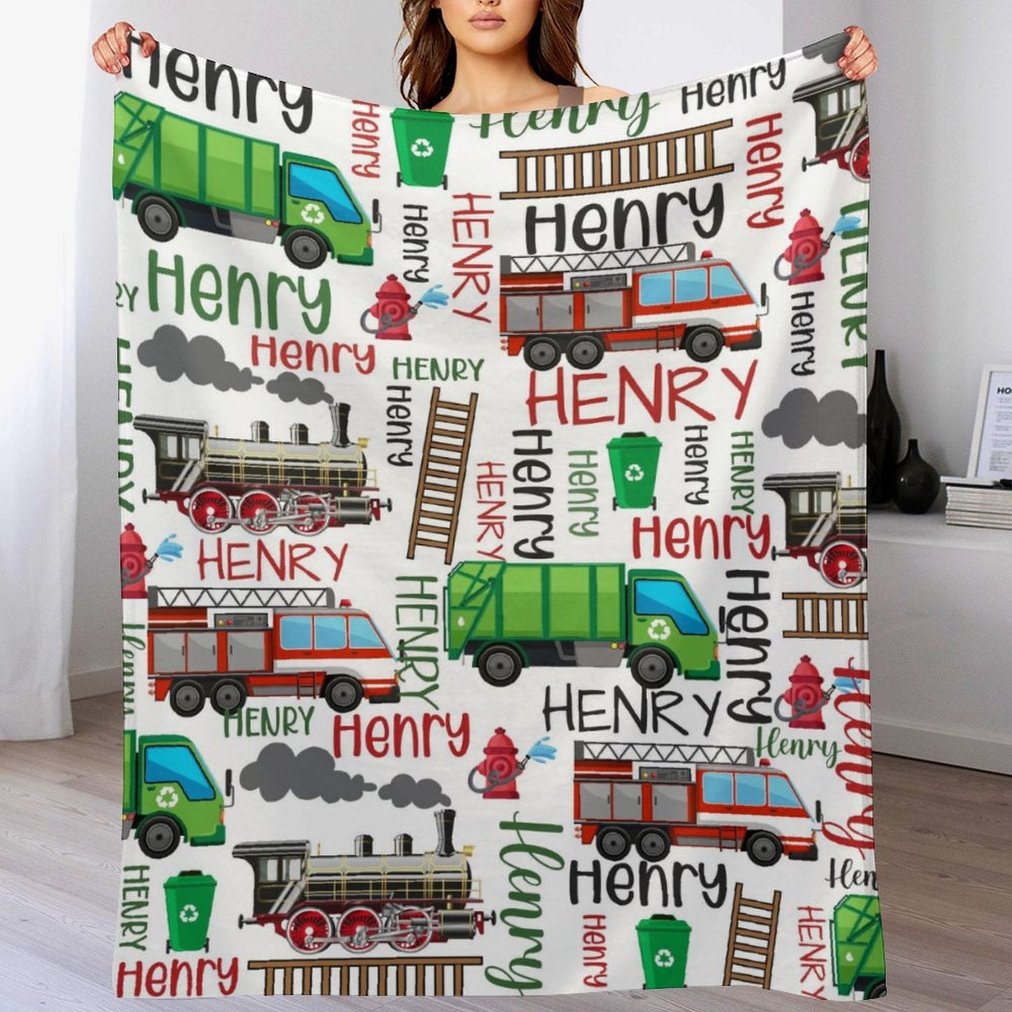 ️Truck Train Personalized Name Pattern Baby Blanket