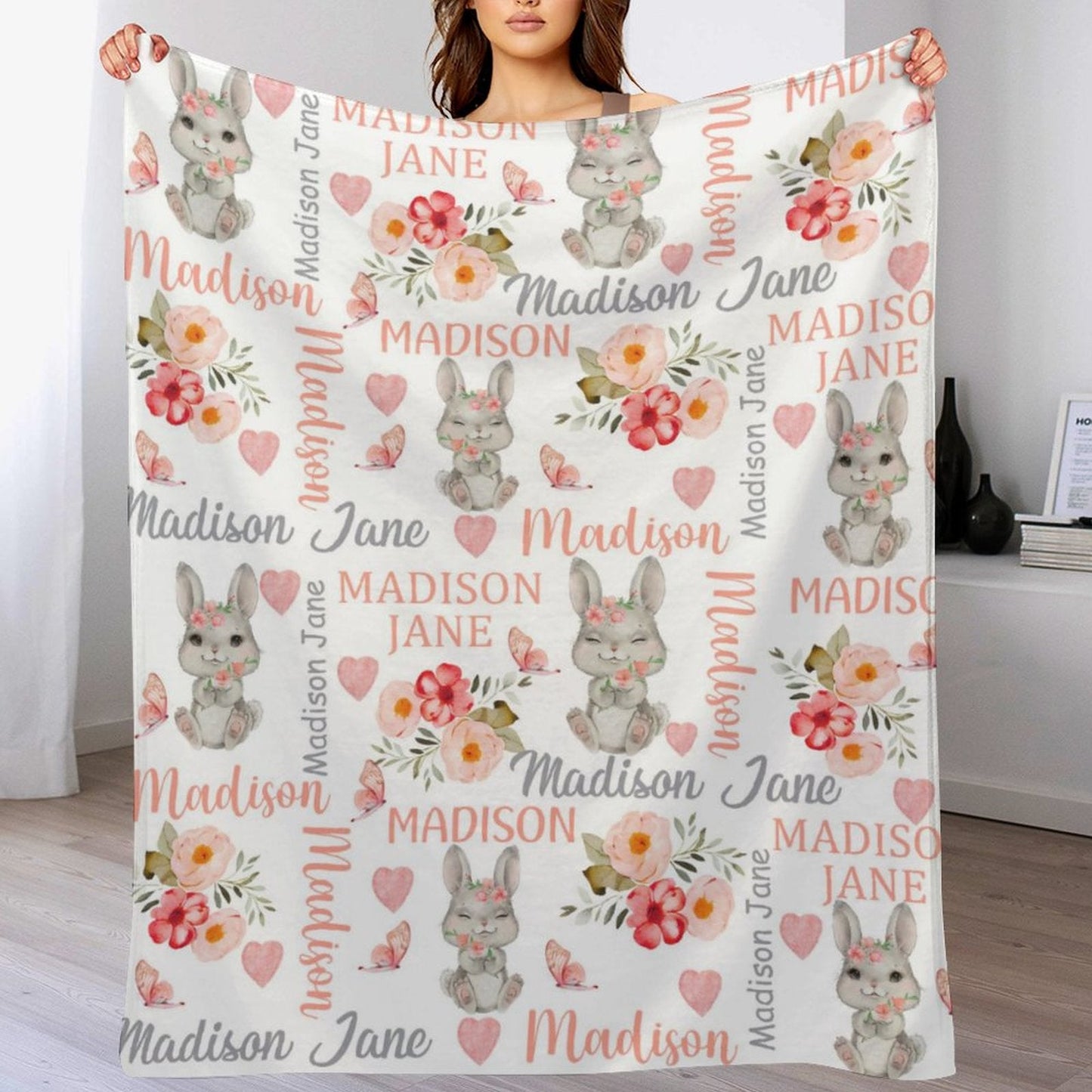 ️Personalized Baby Girl Blanket Coral Floral Bunny Baby Blanket