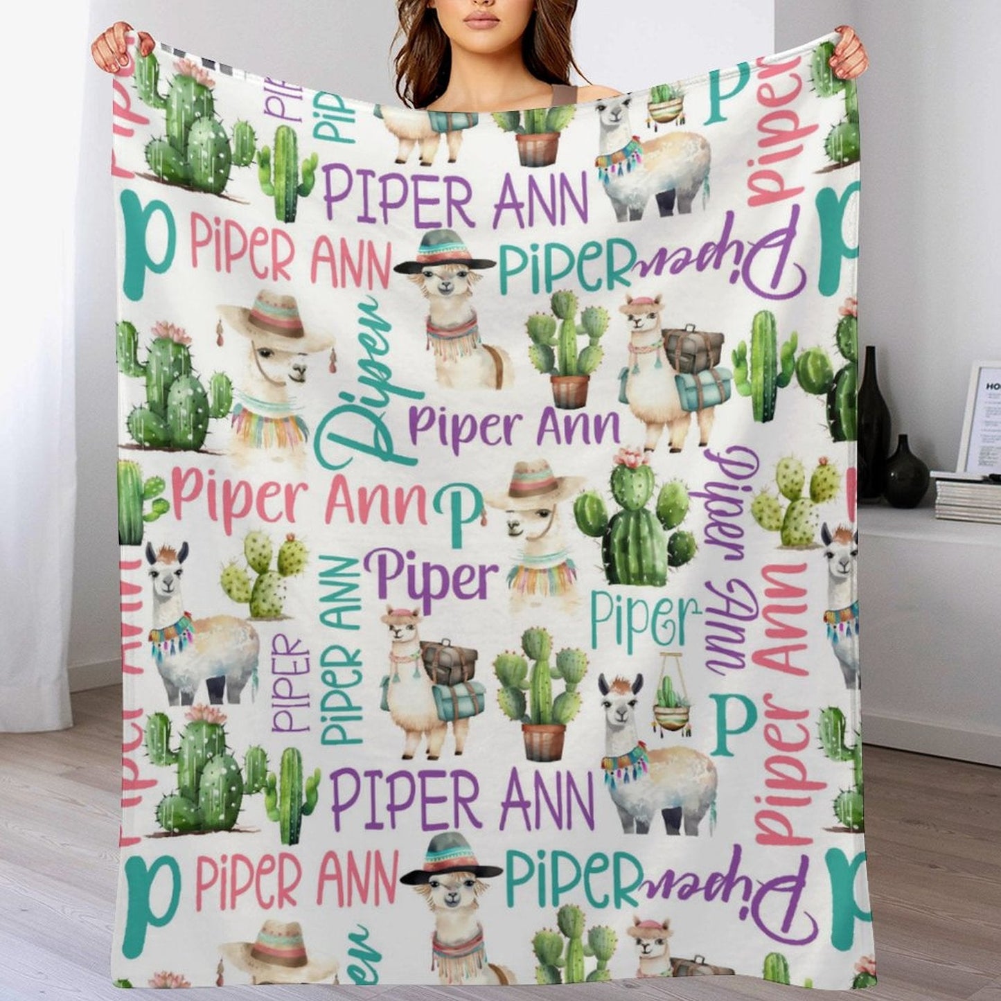 ️Personalized Cactus Llama Girl Name Blanket