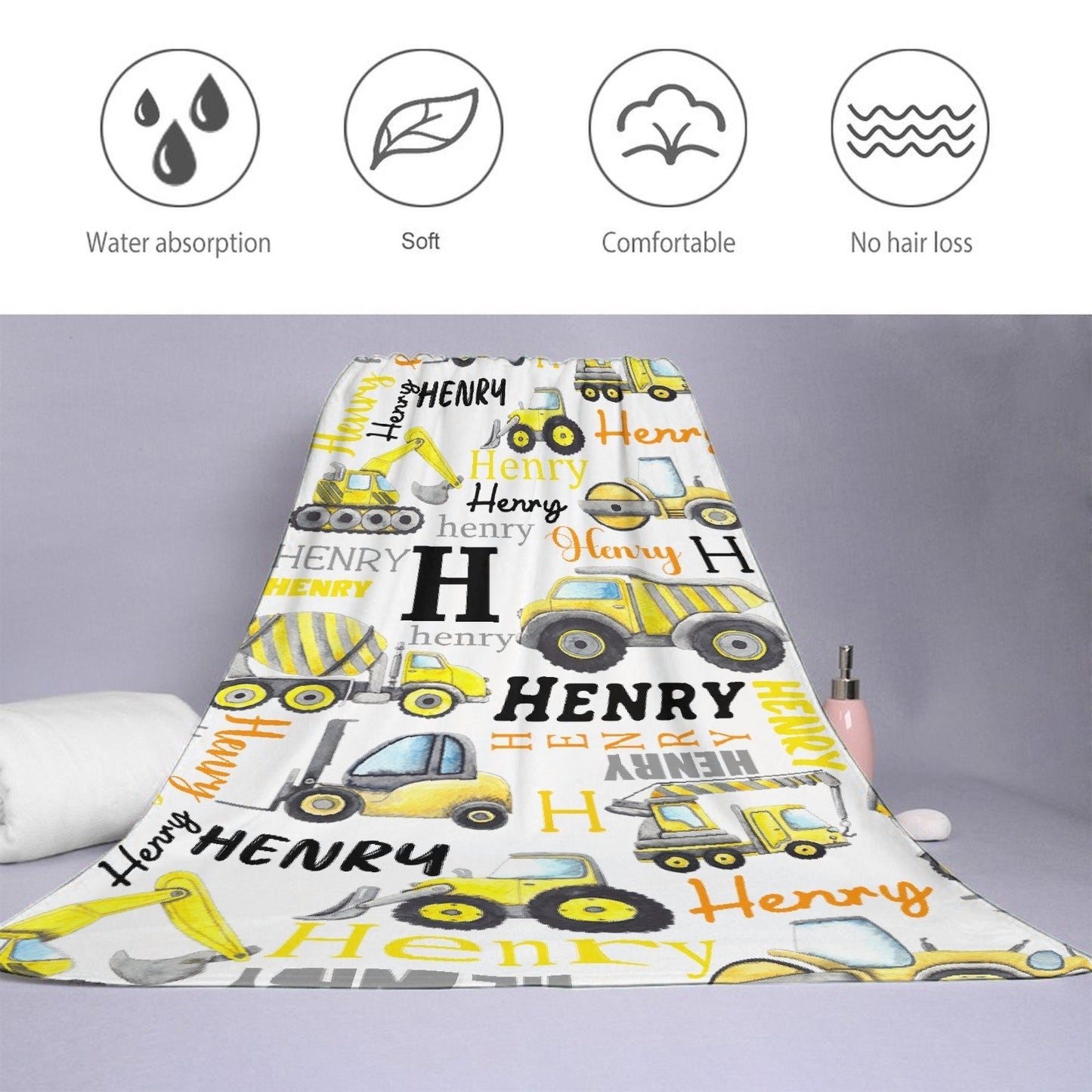 Personalized Name Construction Beach Towel - Gift For Baby Birthday - Yulaki