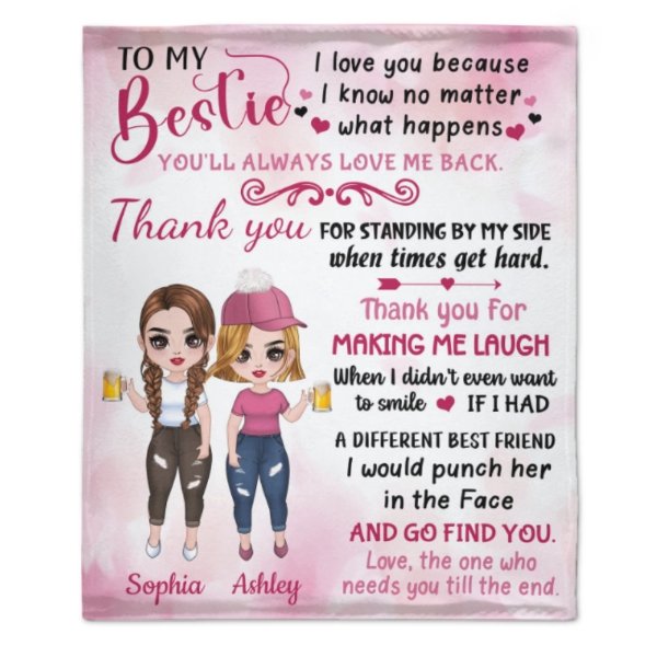 Pink Color To My Bestie Doll Girls Personalized Fleece Blanket - Yulaki