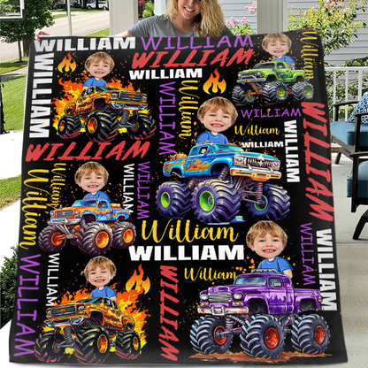 Personalized Custom Blankets for Boys Driving Trucks - Custom Name Blankets - Gifts for Kids