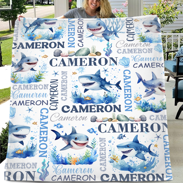 Personalized Shark Blanket for Kids - Watercolor Shark Mouth Sofa Blanket - Personalized Shark Gifts for Shark Lovers