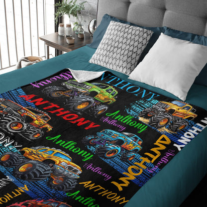 Monster Truck - Personalised Name Multi Colour Truck Pattern Blanket - A Gift For Child